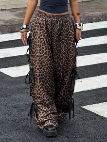 Muchica Pantalón de chándal suelto informal con cordón y lazo en estampado de leopardo para mujer de otoño/invierno - Marrón - Ver 6