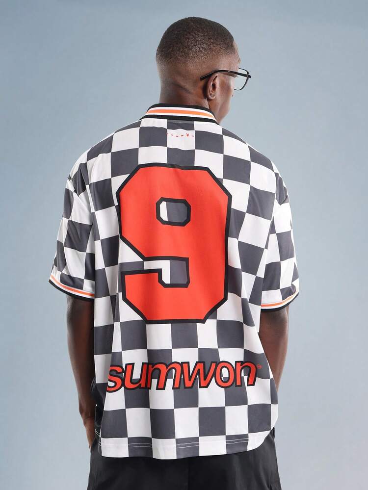 PLAYBOY X SUMWON Checkered Polo Jersey With Contrast Collar And Logo Print