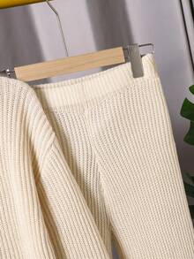 Sparklyn Conjunto de dos piezas de suéter para niñas preadolescentes - Suéter de punto grueso sólido en beige y pantalones de pierna ancha, suéter de cuello redondo de ajuste relajado con pantalones rectos de estar en casa, ropa cómoda y casual para primavera/otoño/invierno - Albaricoque - Ver 7