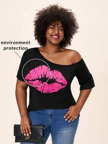 Comfylo Plus Lip Print Asymmetrical Neck Tee Business Casual Fall Clothes Plus Size - Black - View 1