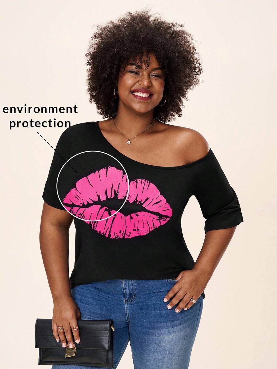Comfylo Plus Lip Print Asymmetrical Neck Tee Business Casual Fall Clothes Plus Size - Black - View 1