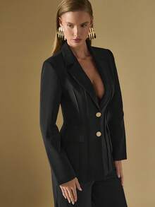 Briarwyn 女士纯色翻领长袖腰部修身优雅西装外套 - 黑色 - 查看 6