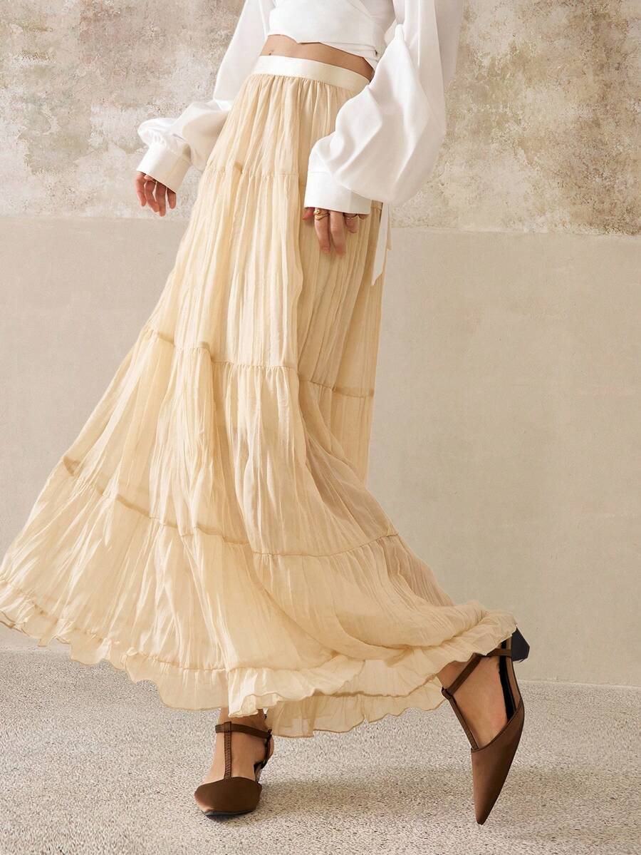 Cévolie Women's Fashion Casual Romantic Vacation French Minimalist A-Line Skirt - Apricot - View 1