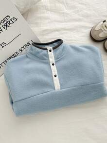 Genkimix Kids 男童纹理领套头衫，长袖半拉链纽扣开合，俏皮设计 - 藍色 - 查看 2