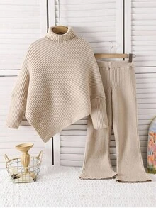 Sparklyn 2件套女童高领不对称毛衣和喇叭裤，秋冬