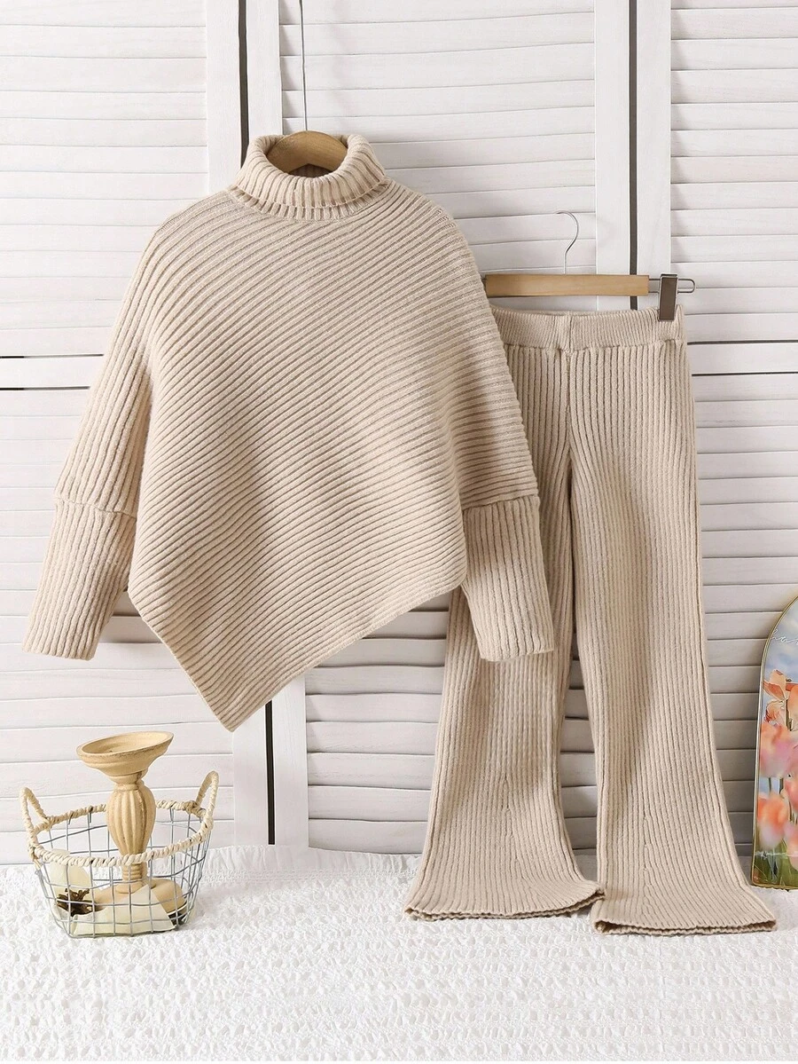 Sparklyn 2件套女童高领不对称毛衣和喇叭裤，秋冬