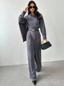 Firerie Women's Elegant Minimalist Urban Chic Charcoal Gray 2-Piece Set,Autumn Scarf Collar 2 In 1 Long Sleeve Shirt And High Waist Pants,Office Fall Outfits - Grey - View 6