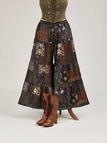 ROMWE Hippie 大码女式 Cottagecore 复古拼布印花阔腿裤 - 彩色 - 查看 1