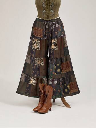 Hippie Pantalon large à imprimé patchwork vintage Cottagecore pour femmes grandes tailles