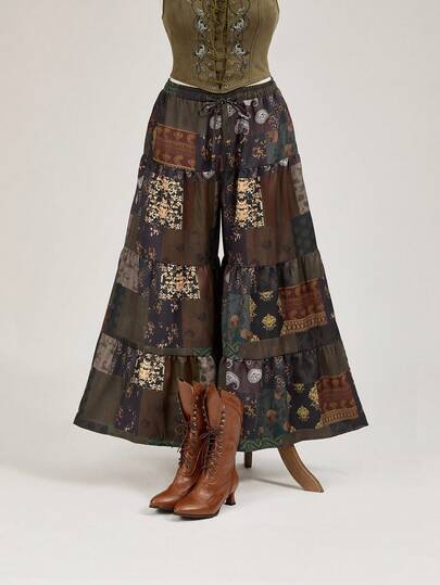 ROMWE Hippie Spring/Summer Plus Size Women Cottagecore Vintage Patchwork Print Wide Leg Pants