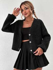 EURMUSE Women's Casual Ribbed Button-Up Cardigan,Cardigans,Long Cardigans Woman,Petite,Tall - Black - View 5