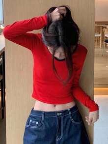 DAZY 女式 V 领短款修身长袖 T 恤 - 紅色 - 查看 4