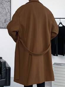 Manfinity Homme Loose Fit Men's Long Sleeve Lapel Collar Drop Shoulder Belted Overcoat, Fall Winter