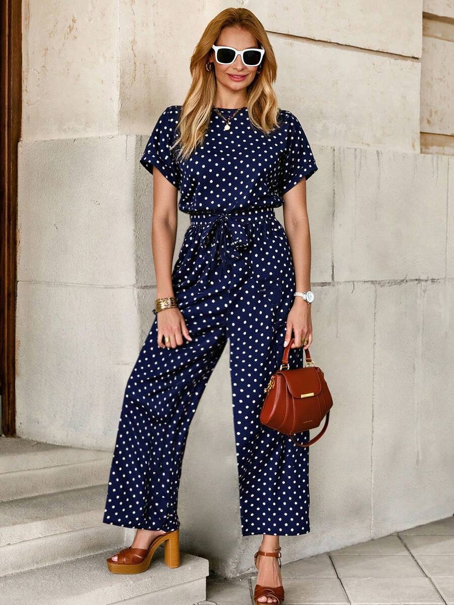 Solivie 波點圖案蝙蝠袖腰帶闊腿連體褲 - 藏蓝色 - 查看 1