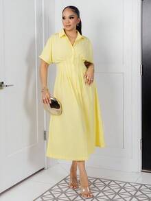 Melissa Matos Women's Summer Striped Bat Sleeve Pleat Casual Shirt Midi Dress - Yellow - View 1
