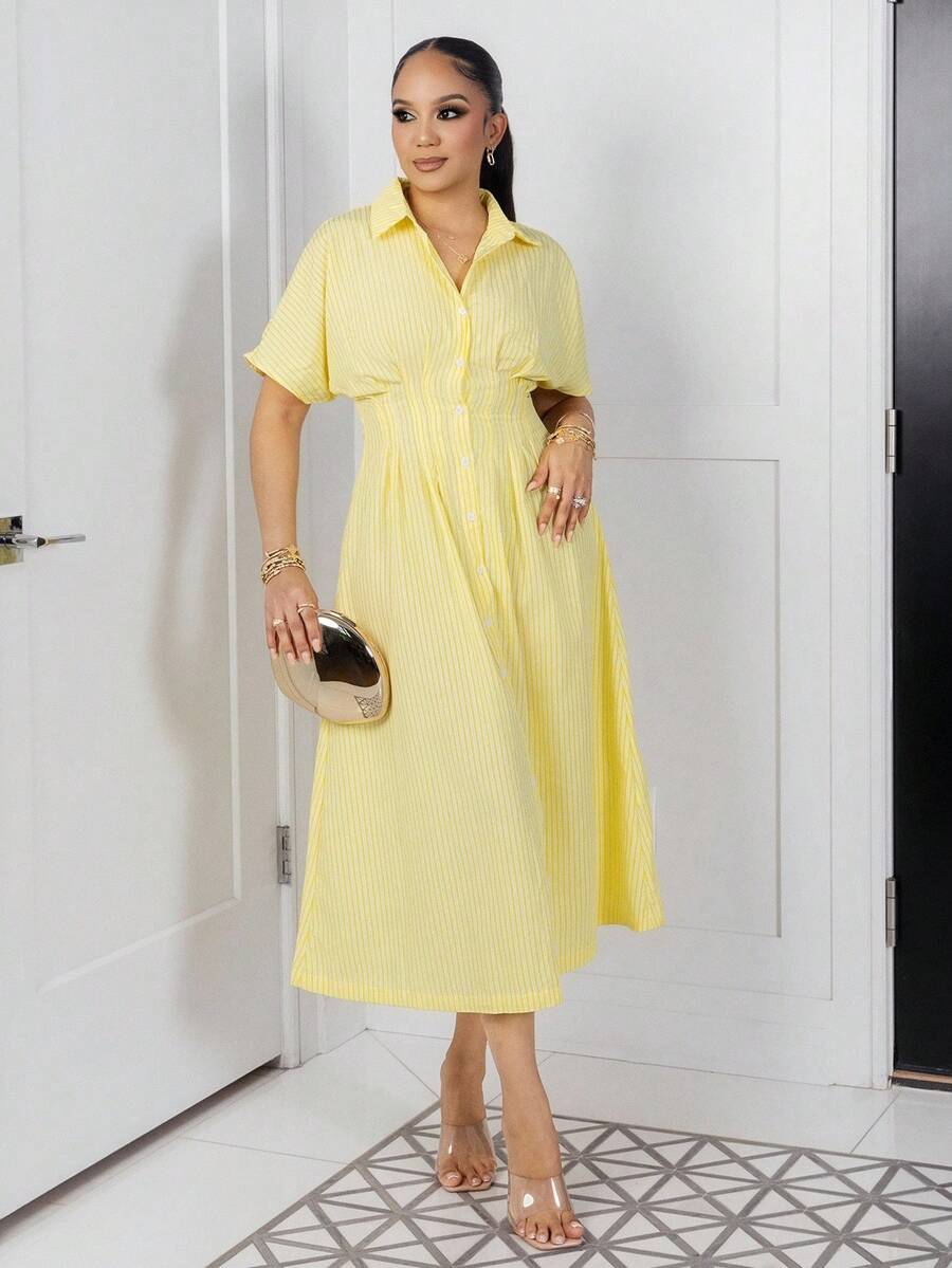 Melissa Matos Women's Summer Striped Bat Sleeve Pleat Casual Shirt Midi Dress - Yellow - View 1