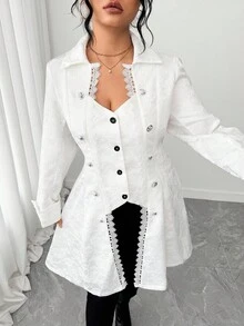 Elenzga 大码女式纯色简约日常蕾丝拼布长袖夹克