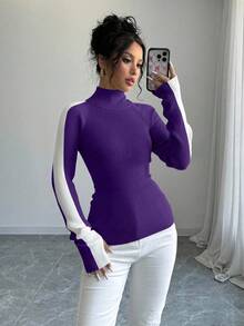 RosyDaze Women's Autumn Stand Collar Contrast Color Raglan Sleeve Slim Fit Basic Knit Sweater Fall Winter Cloth For Women - Purple - View 6