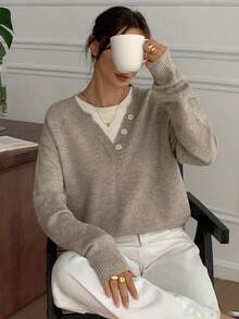 DAZY Casual Color Block Henley Neck Pullover, Soft Knit 2 In 1 Sweater For Women Fall