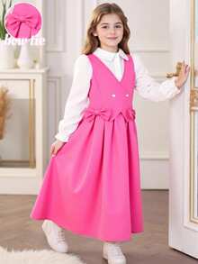 Tween Girls Spring/Autumn Back To School New Woven Fabric White Collar Long Sleeve Shirt Set With Fuchsia Bow Vest And Solid Fuchsia Skirt, 2pcs Outfit Suitable For Girls Back To School, Casual, Daily Wear, Vacation, Photo Shoot Fall Winter - Multicolor - View 7