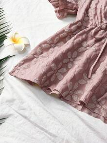 SHEIN Franclia 時尚優雅緹花女款短袖V領上衣，2025夏季新品短袖上衣 - 粉色 - 查看 3