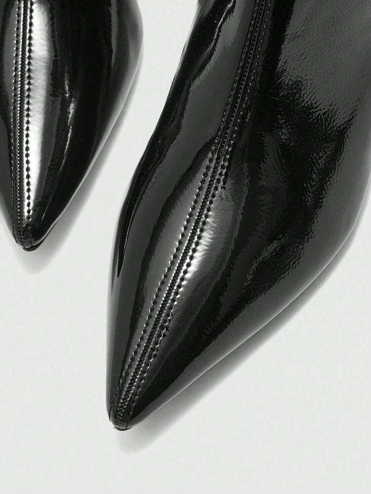 CUCCOO BIZCHIC Bottines à bout pointu en cuir verni noir pour femmes, bottines à talon bas, bottes ajustées grande taille, automne