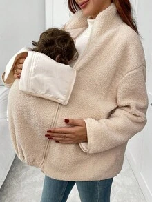 SHEIN Pregnant Women Khaki Plush Solid Color Zipper Jacket Warm Three-In-One Jacket, Autumn And Winter Jacket Pregnant Women Three-In-One Jacket Winter Maternity Coat Maternity Jacket Baby Carrier Jacket Women Fleece Jacket 3-In-1 Jacket  Women's Winter Jacket