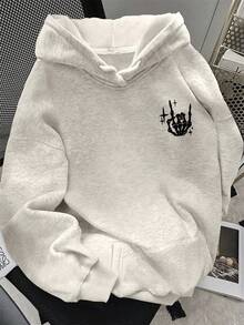 SHEIN 女士休闲宽松字母骷髅印花长袖卫衣，秋季款 - 淺灰色 - 查看 2