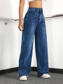 EURMUSE Women's Loose Fit Casual Denim Jeans With Side Pockets And Wide-Leg Design - Dark Wash - View 5