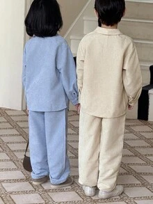 Genkimix Kids 女童灯芯绒衬衫和宽松长裤两件套，蓝色 - 藍色 - 查看 2