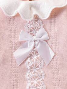 SHEIN Body de punto con ribete de encaje para bebé niña, body de manga larga, decoración de lazo adorable, versátil para uso diario, adecuado para otoño/invierno - Rosa - Ver 7