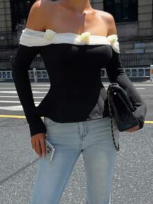 DAZY Autumn Sexy Fitted Elegant Fashion Off Shoulder Short Top, Mesh Fabric With 3D Floral Decor, Color Block, Suitable For Party, Wedding, Long Sleeve Women T-Shirt