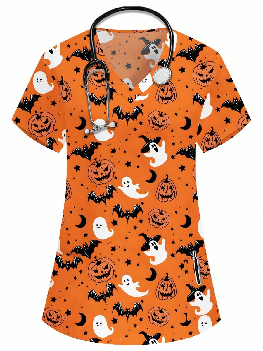 PopScrub 万圣节V领短袖双口袋南瓜、鬼魂、女巫、蜘蛛、蝙蝠、南瓜灯、可爱鬼魂印花护士/医生制服上衣 - 橘色 - 查看 1