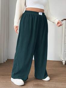 SHEIN EZwear 大码女式高腰宽松阔腿裤，灯芯绒面料，带口袋和贴布设计，适合校园、日常穿着和室内工作，深蓝色，秋冬 - 水鴨藍 - 查看 4