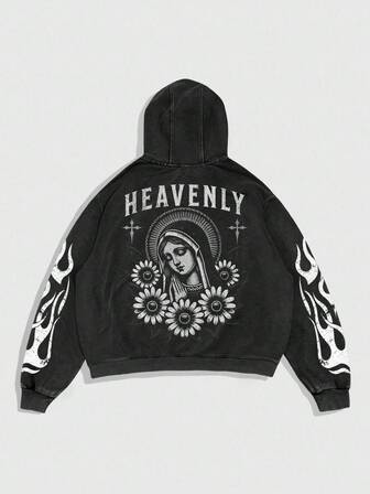 Goth Men's Autumn Letter & Floral Virgin Mary Print Zip-Up Drawstring Hooded Sweatshirt