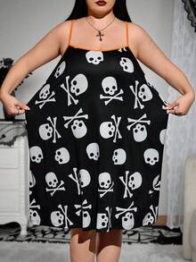 SHEIN CURVE+ Váy ngủ in hình bộ xương Halloween cỡ lớn cho nữ cỡ lớn/Mùa thu/Đông - Nhiều màu - Xem 7