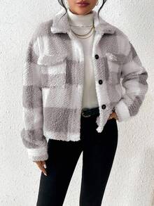 RosyDaze 休闲女士梦幻简约荷叶边格纹夹克 - 灰色 - 查看 4