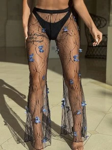 SHEIN Swim 2025 Bikini Set: Butterfly Decor Mesh Cover-Up, Pants, 3pcs Swimsuit - Black - View 2