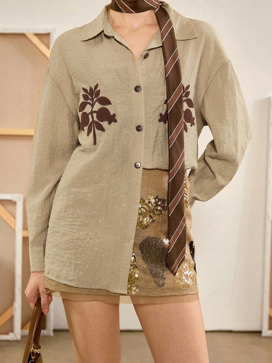Florisole Herbst Boho besticktes Knopf-Lässig Bluse für Frauen