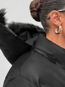 EURMUSE Schwarzer langer gepolsterter Mantel mit Kunstfellkapuze langer gepolsterter Mantel Damen Wintermantel für Frauen Damen lange Jacke gesteppter langer Mantel - Schwarz - Übersicht 4