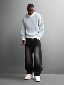 SUMWON 短款针织圆领毛衣，罗纹图案，秋冬休闲套头衫，经典版型长袖套头衫