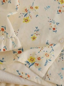 少女雏菊印花雪纺长袖上衣和裤子两件套睡衣套装，带荷叶边袖口 - 黃色 - 查看 4