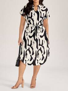 Comfylo Vestido casual de talla grande con estampado y dobladillo asimétrico con nudo para mujer