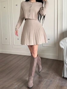 Feyla 2件組女款寬鬆法式優雅針織洋裝開襟衫套裝，秋冬毛衣套裝，早午餐米色 - 駝色 - 查看 4