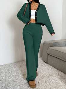 EURMUSE 2pcs Women Casual Contrast Trim Button Cardigan And Knit Pants Set, Autumn/Winter - Dark Green - View 6