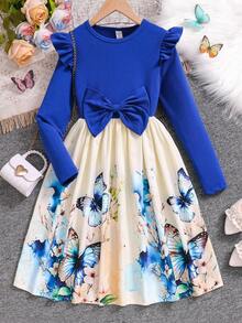 SHEIN Tween Girl Colorblock Butterfly Print Dress For Casual Vacation - Blue - View 1