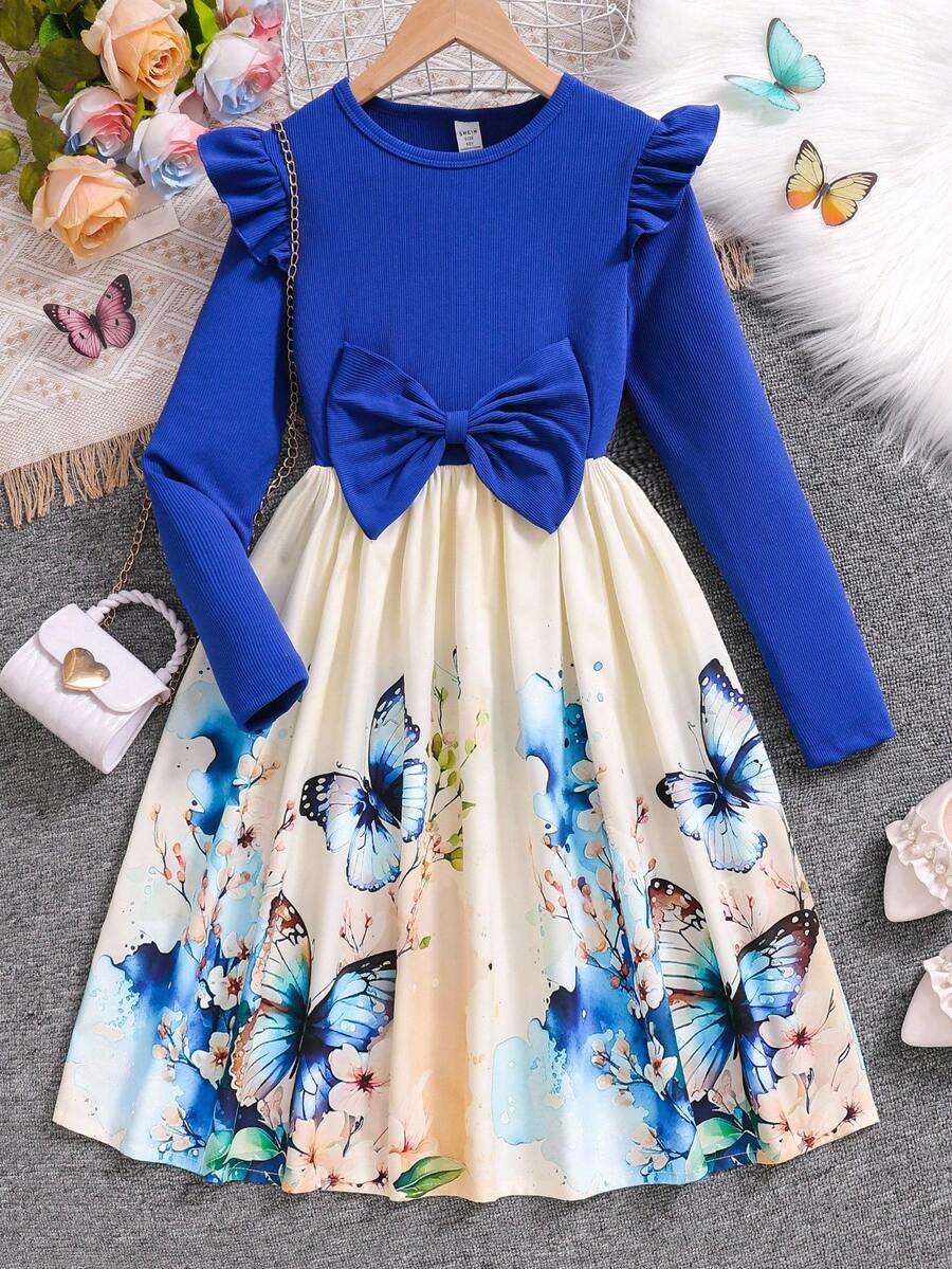 SHEIN Tween Girl Colorblock Butterfly Print Dress For Casual Vacation - Blue - View 1