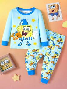 SpongeBob SquarePants | SHEIN 2pcs Baby Boy Cartoon Print Crew Neck Long Sleeve Top And Pants Knit Comfortable Casual Stretchy Pajama Set