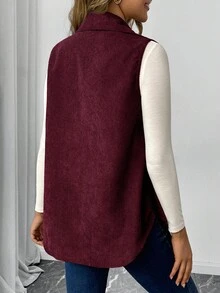 SHEIN Maternity Loose Corduroy Faux Pocket Vest Jacket, Autumn Winter - Burgundy - View 2