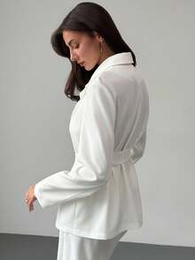 Aloruh Conjunto de traje casual de mujer con chaqueta de cuello solapa y pantalones de manga larga, unicolor, otoño - Beis - Ver 6